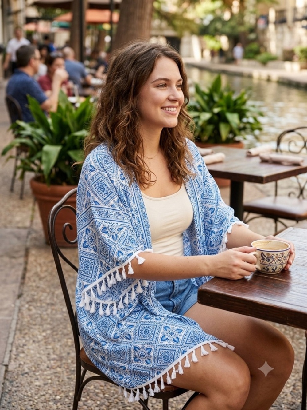 La Blanca Blue & White Tassel Kimono Cover-Up